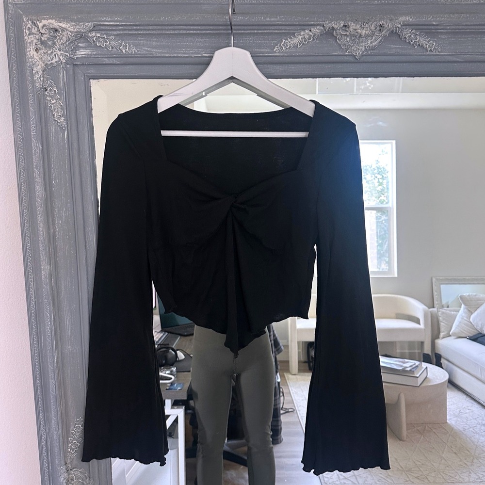 Y2K Whimsigoth Fairy Grunge Dark Black Twist Front Flutter Sleeves Crop Top M